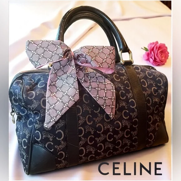 CELINE Horse Carriage C Macadam Canvas Large Hand Bag in Navy Blue