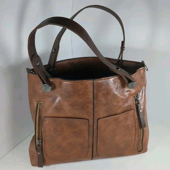 Brown Soft Vegan Leather Satchel Handbag Multi-Pocket Organizer Purse NEW