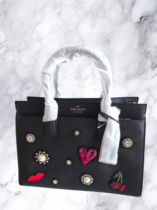 Kate Spade x Rodan & Fields NWT Black Saffiano Satchel Novelty Heart Cherry Rare