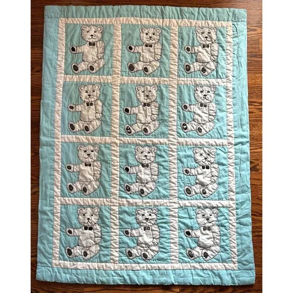 Handmade White with Blue Teddy Bear Hand Quilted Baby Toddler Blanket 50 X 39
