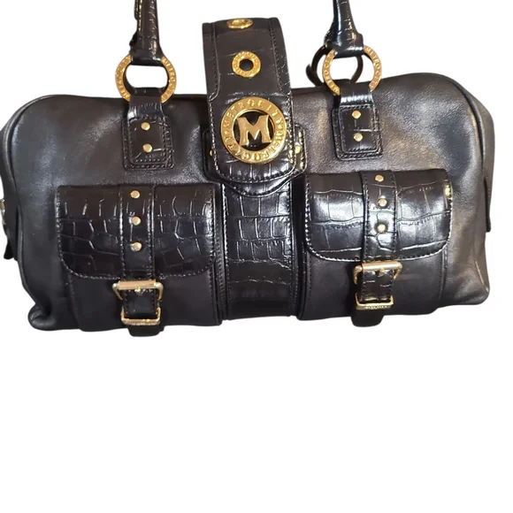 Black Croc-Embossed Satchel with Gold Medallion Hardware