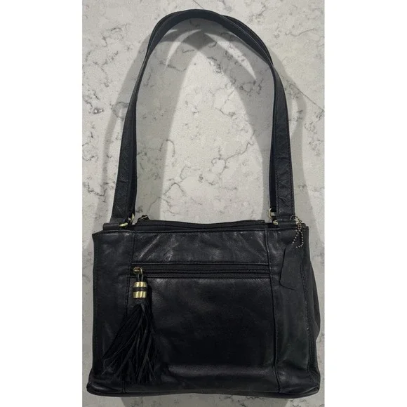 Vintage Cabin Creek Shoulder Bag Medium Black Leather Tassel Pocket JCPenney 90s