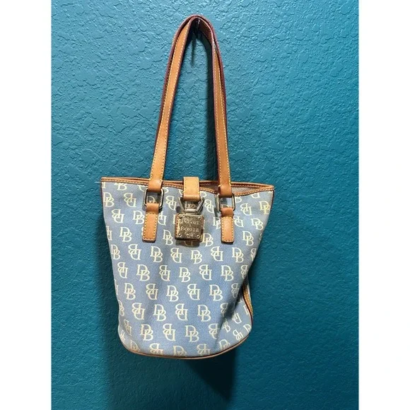 Vintage 1975‎ Dooney & Bourke Blue and Tan Canvas and Leather Handbag RARE