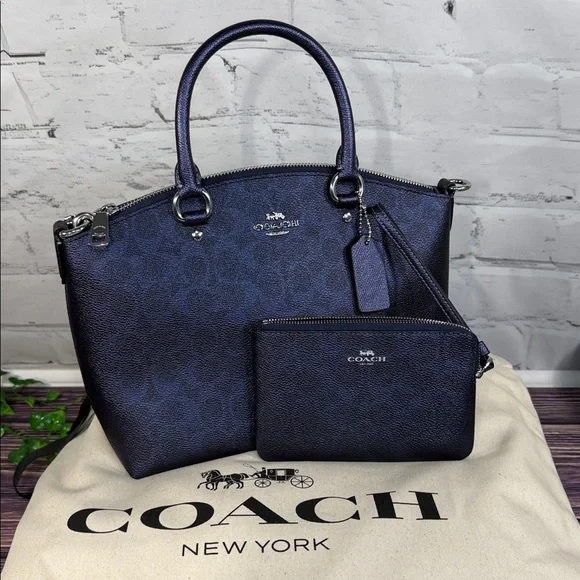 NWT COACH Navy Dark Blue‎ logo print Sadie Satchel, Wristlet, Dust bag BUNDLE.