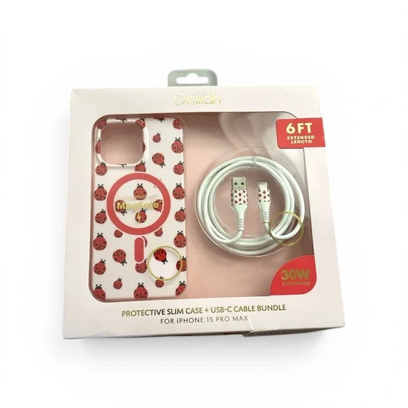 Elila Pink Ladybug iPhone Case and White USB-C Cable Bundle