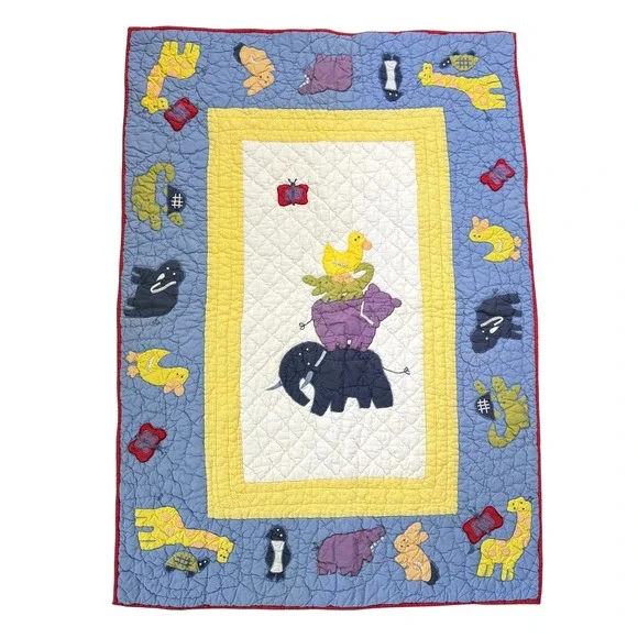 Pottery Barn Kids Baby Crib‎ Quilt Jungle Animal Zoo Blue Yellow Gingham