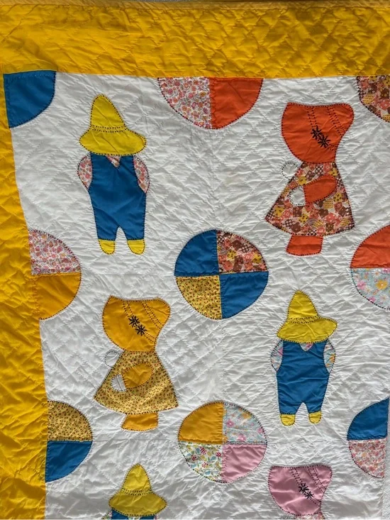 Vintage Quilt Sun Bonnet Sue Design, 83 x 137 inches. Yellow Blue Orange Green