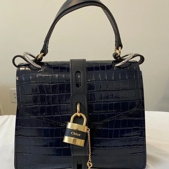 Chloe Aby Day Bag Navy Blue Croc Embossed Leather Top Handle Satchel Medium