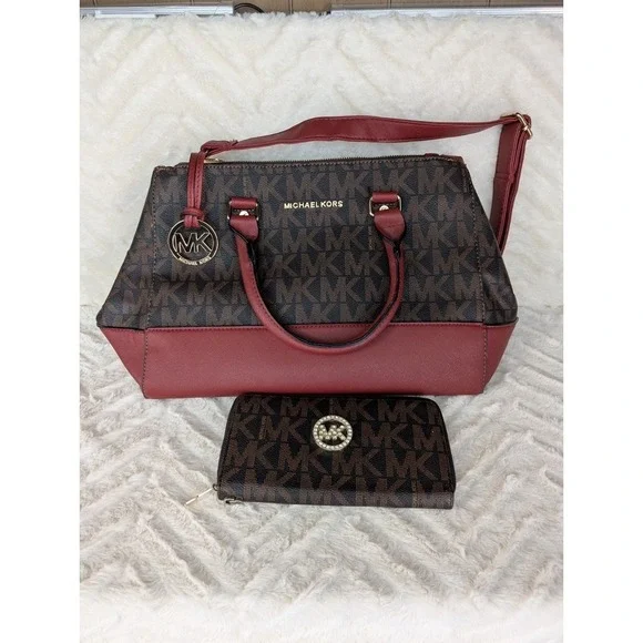 Michael Kors SUTTON MEDIUM SIGNATURE SATCHEL Brown And Gold with hand bag