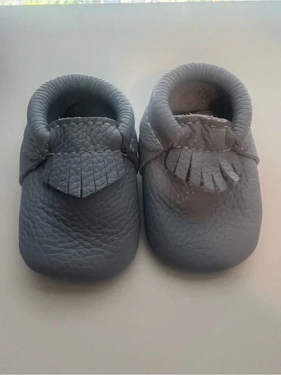 Freshly Picked Baby Gray Baby Blue Leather Fringe Moccasins