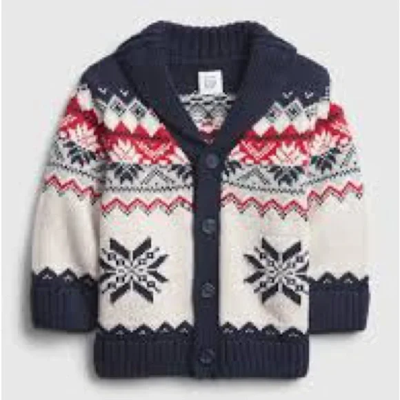 Baby GAP Fair Isle Intarsia Button Cardigan Blue Red White 6-12 months