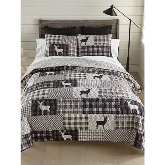 Country Cabin Patchwork Printed Queen Quilt Set Buck Deer Hunter Lodge Woods