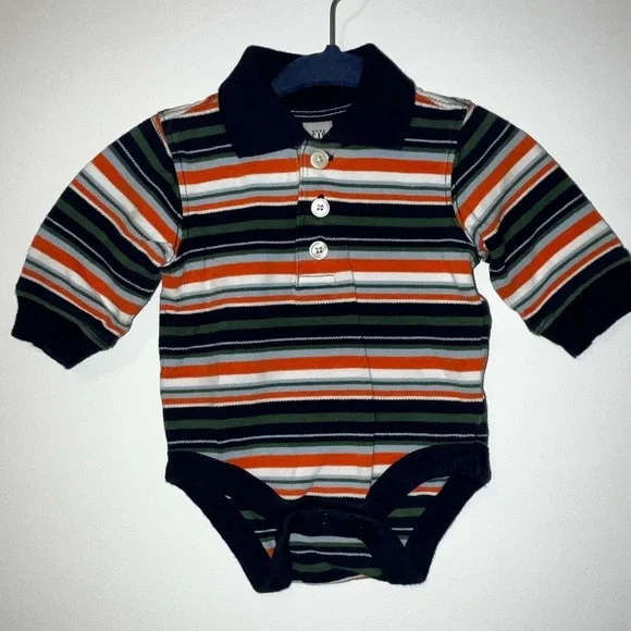 BABY GAP Infant Boys 0-3mo Striped Long Sleeve Polo Onesie Cotton Knit EUC 2004