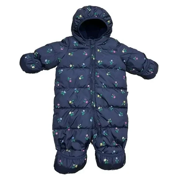 Baby GAP One-Piece Snowsuit Bunting Navy Floral 0-6 Months Soft Fleece Girls