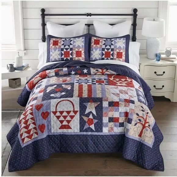 Farmhouse Cottage County Fair Printed Queen Size Quilt Set Patchwork Americana