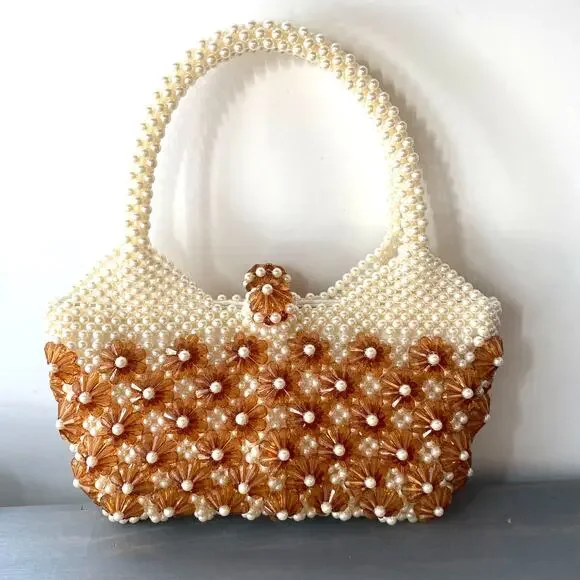 Vintage Beaded Floral Satchel Handbag Purse Cognac Brown Cream Evening Bag NEW