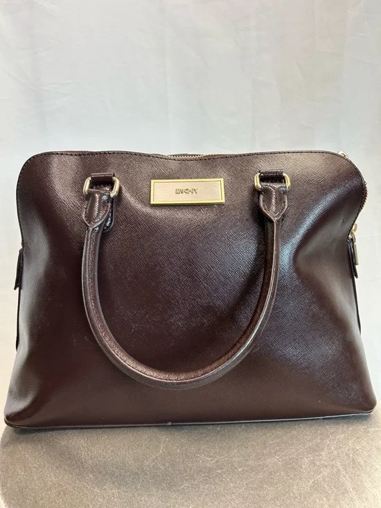 DKNY Dark Brown Saffiano Leather Satchel with Gold Plaque