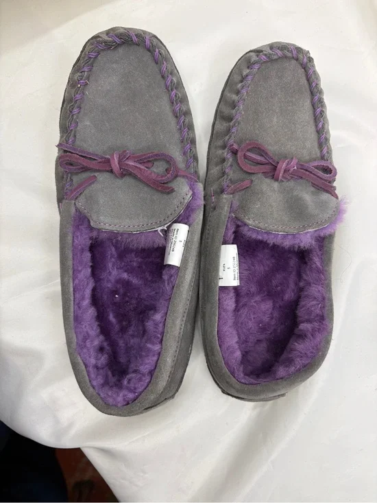 L.L.Bean Kids Size 5 Moccasin Slippers Gray Purple Suede Shearling Lined Cozy
