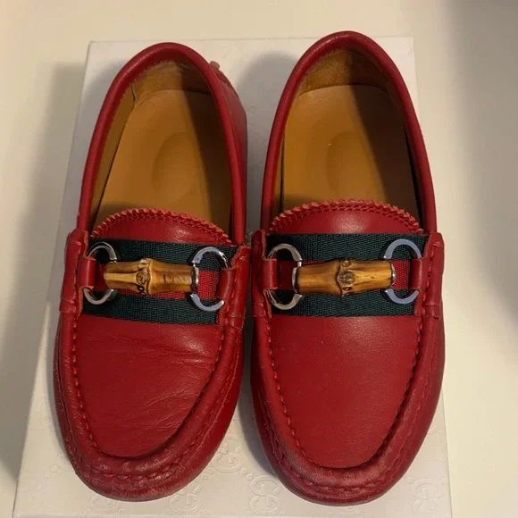 Gucci Red Kids Moccasins with Bamboo Detail