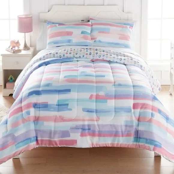 Whimsical Pastels Reversible Fun QUEEN Quilt Set Country Cottagecore