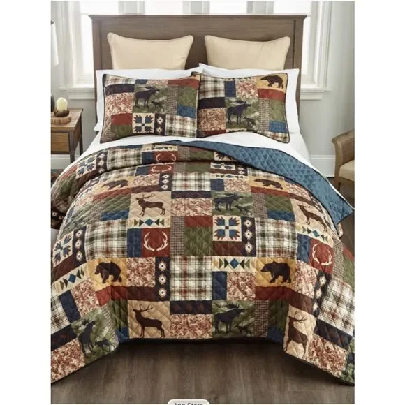 Log Cabin Theme King Quilt Set Lodge Hunter Rustic Deer Bear Buck Country