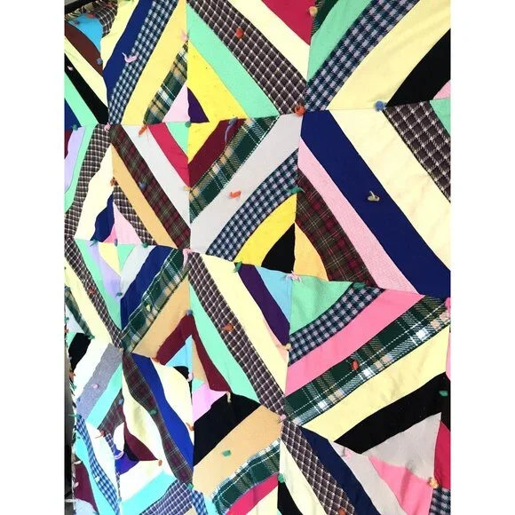 Vintage 1970s Quilt Diamond Crazy Polyester Wool Grannycore Hippie
