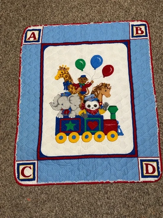 Vintage Children's Light Blue Train Animal baby toddler Quilt bedding‎ crib