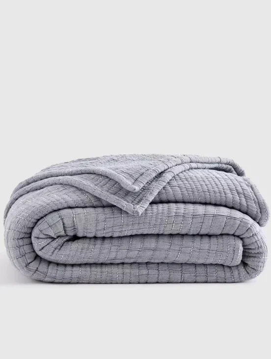 Quince Organic Cotton Channel Stitch Coverlet - blue