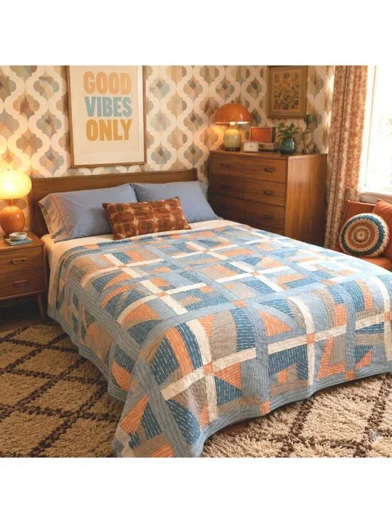 Vintage 1970's Polyester Strip Patchwork Quilt Blanket Retro Hippie 98x94