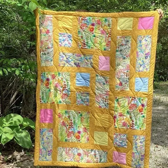 NWT. Hand Crafted Yellow Fields of Flower Liberty of London Fabric Quilt