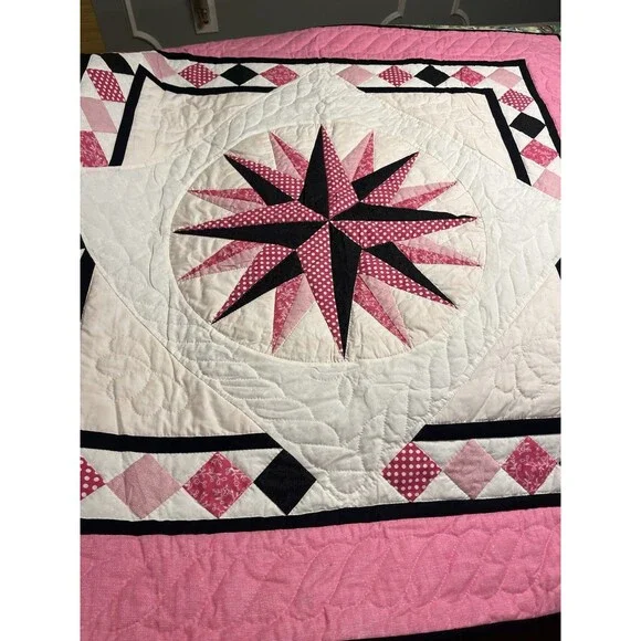 Hand Sewn Mariner’s Compass Black Pink White 45x45” Wall Hanging Lap Blanket