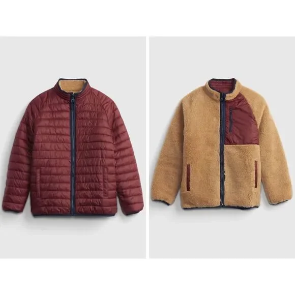 Gap Kids Reversible Puffer Sherpa Jacket Size 5 Years Brown Dark Claret