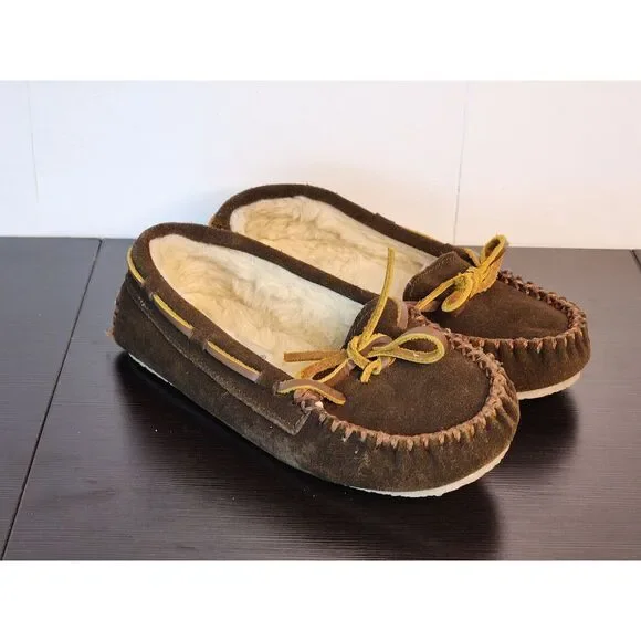 Minnetonka‎ Shoes Youth 13 Slip On Boat Moccasins Brown Leather Faux Fur 4812