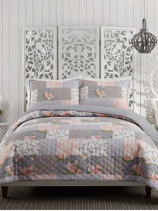 Cottage Floral Patchwork Gray Pink Printed King Quilt Set English Garden