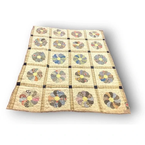 Vtg 1930s Dresden Plate Quilt NRA Blue Eagle Domino Sugar Sack Backing Folk Art