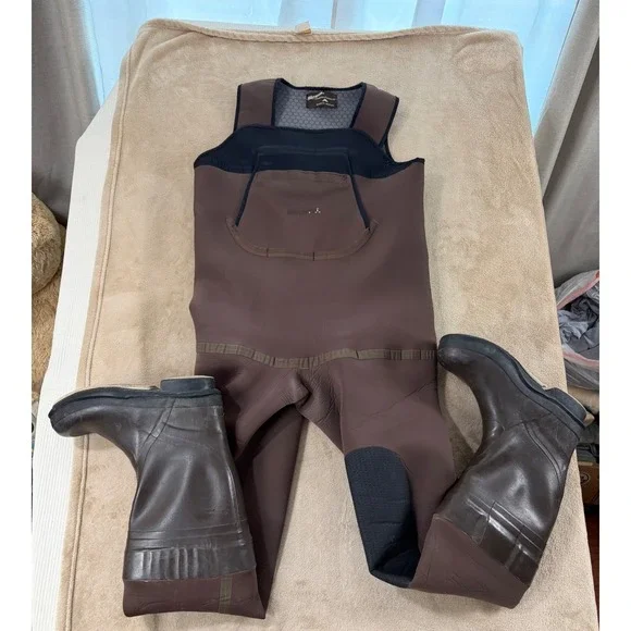Simms Fishing Waders Neoprene Brown Integrated Boots Men Size Large Fishing Gear