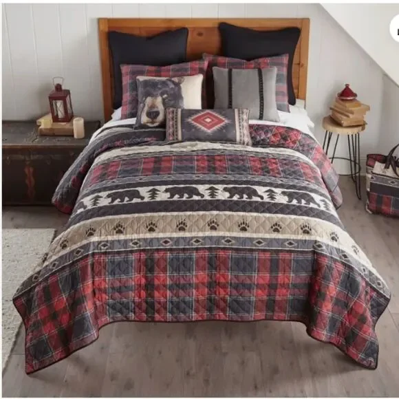 Bear Lodge Printed Reversible King Quilt Set Country Cabin Bonus Tote Bag