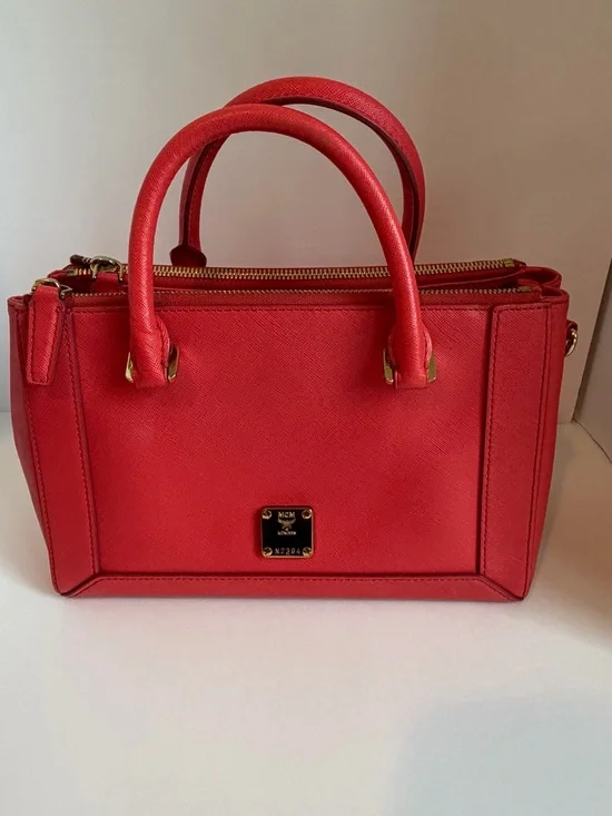 MCM Leather Double-Handle Satchel with Gold Hardware