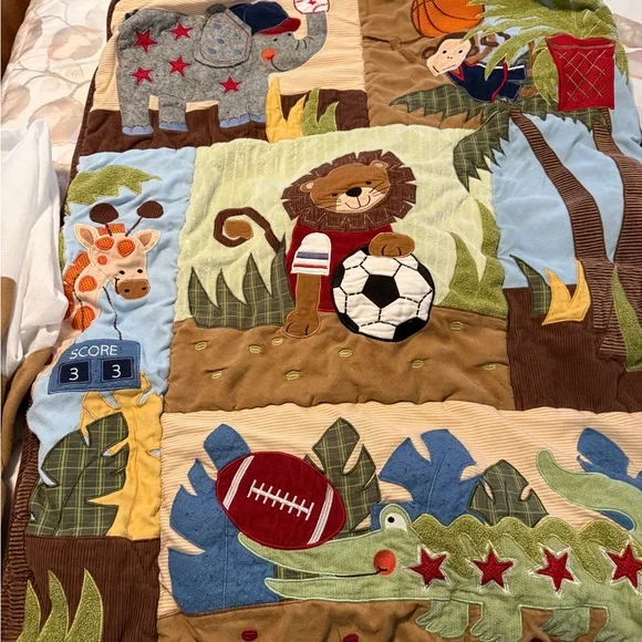 Lambs& Ivy Jungle & Sports 4 Piece Set Themed Baby Crib Quilt Comforter Monkey