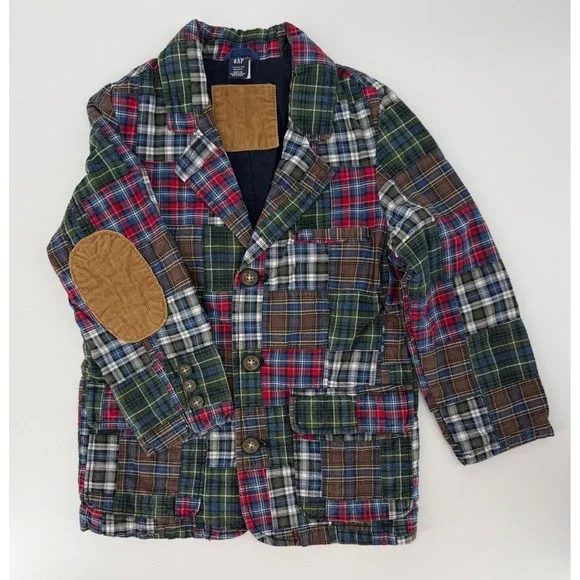 Gap Patchwork Blazer Boys 5T Red Blue Green Plaid Corduroy Elbow Patches Preppy