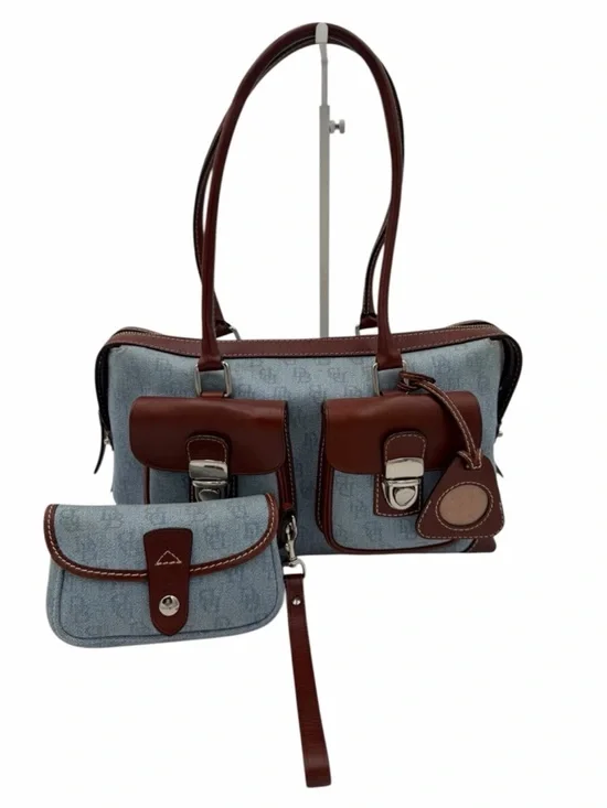Dooney & Bourke Denim Monogram Cargo Satchel Set Brown Leather DB Logo Y2K