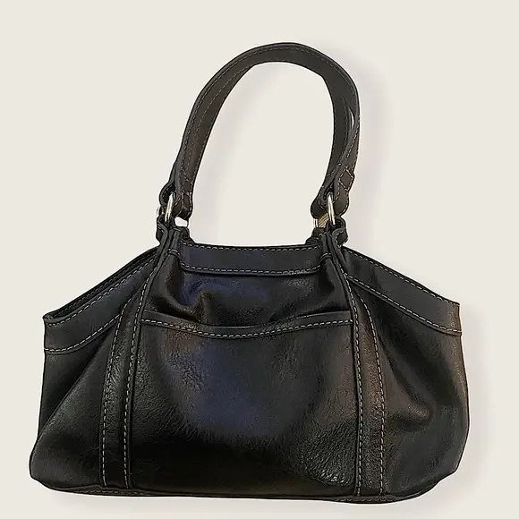 10” Small Liz Claiborne Black Faux Leather Satchel Bag w‎ Contrast Stitching