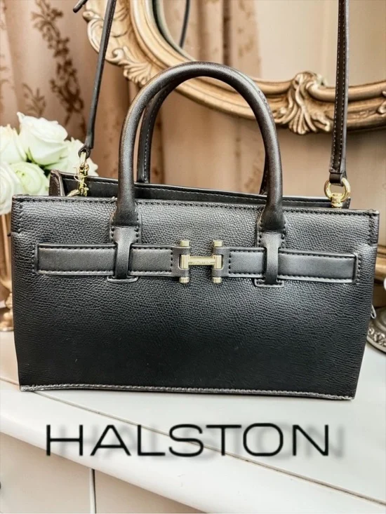 NWT Halston Jerry Embossed Pebble Leather Satchel Crossbody Bag – Black