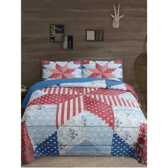 Americana Liberty Star Vintage Look King Quilt Set Patriotic Red White Blue