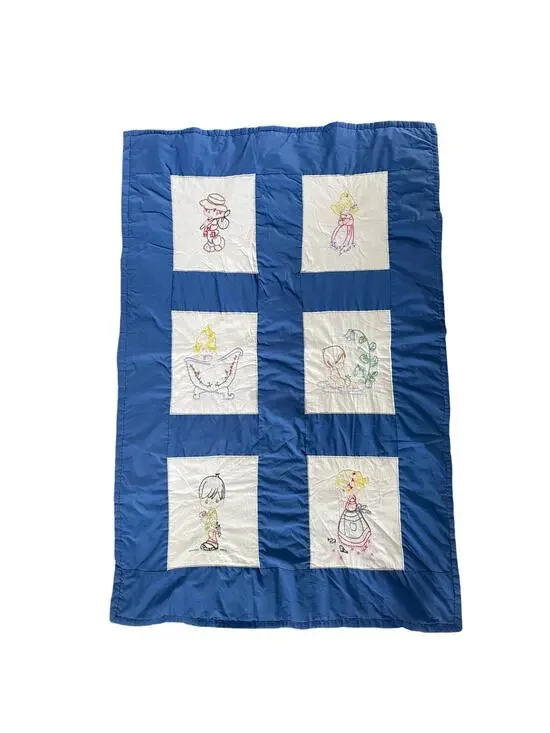 Vintage Hand Embroidered Child’s Quilt – Blue & White Precious Moments Style