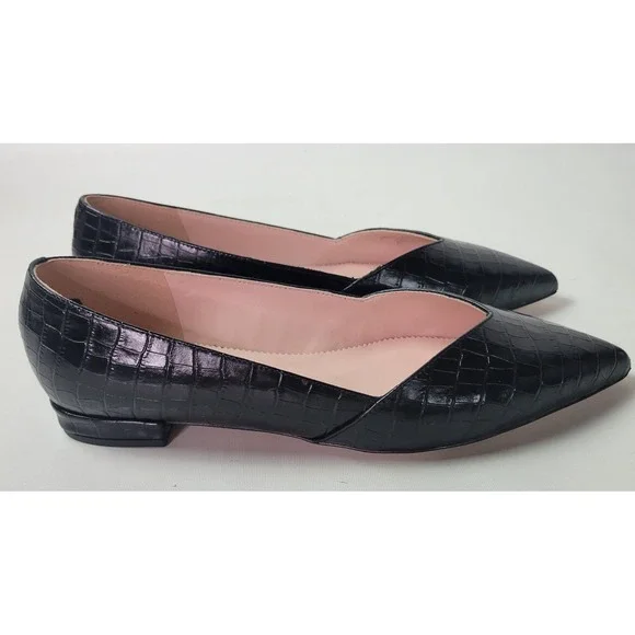 J.Crew Gwen Black Croc Embossed Leather Pointed Toe Flats AB121 Sz 9
