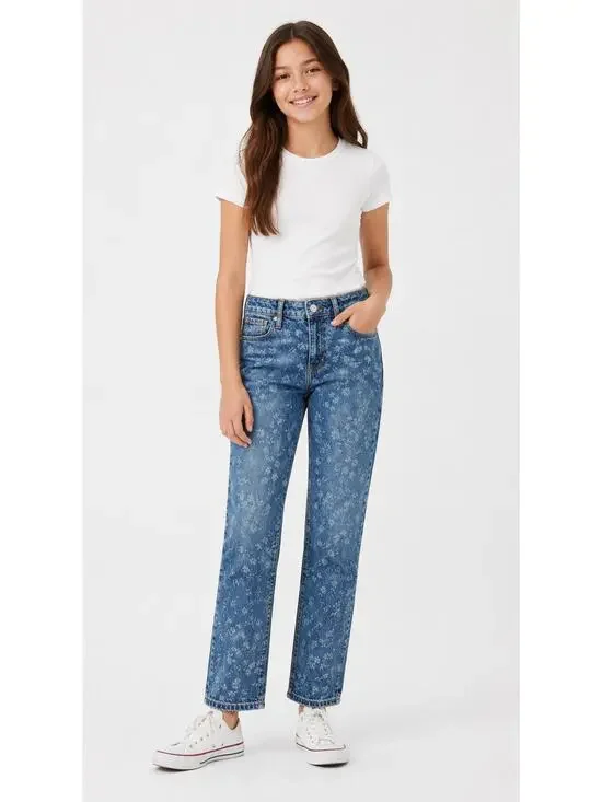 GAP Kids Girlfriend Blue Denim Floral Jeans Straight Leg Medium Wash Girls 12