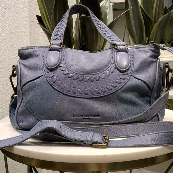 Liebeskind Berlin Satchel Bag Medium Sz Real Leather Blue Braided Crossbody Boho