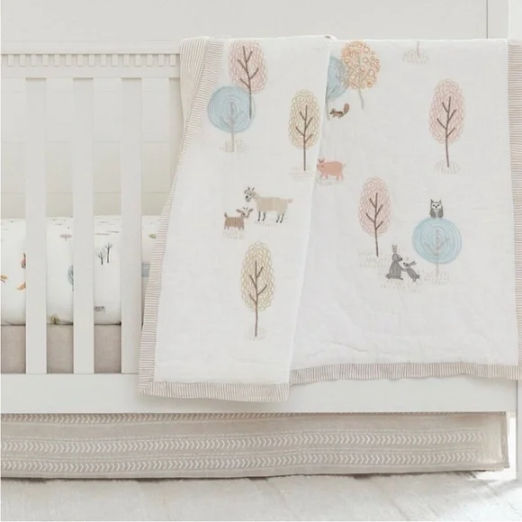 Pottery Barn Kids Woodland Animals Quilted Baby Blanket for crib 100% cotton