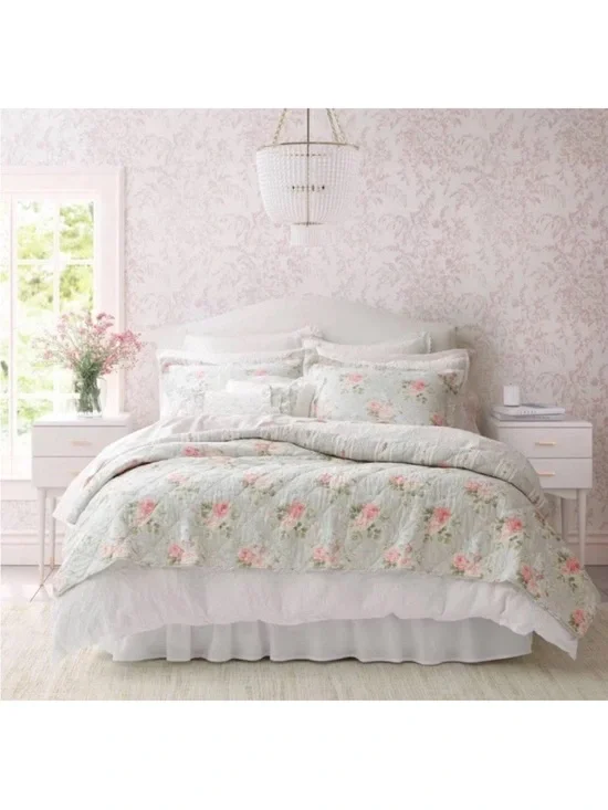 Laura Ashley ~ KING Melany Pink Rose Floral 3pc 100%Cotton Quilt Set Reversible